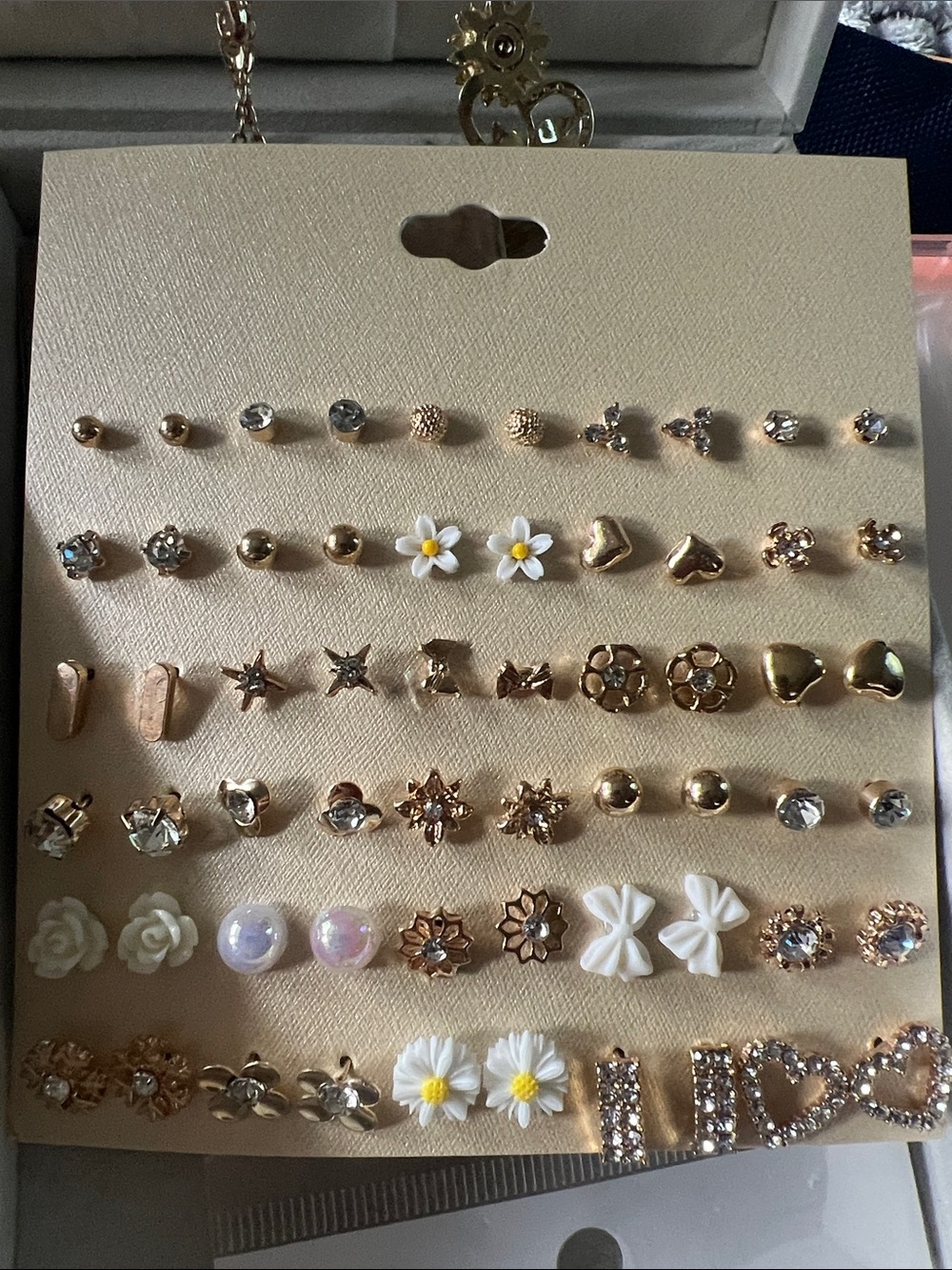 Gold-Tone Multi-Style Stud Earring Set with White Floral and Bow Accents
